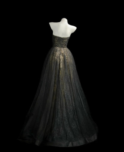Trägerloses silbernes Vintage-Abendkleid, A-Linie, Geburtstagskleid J9370