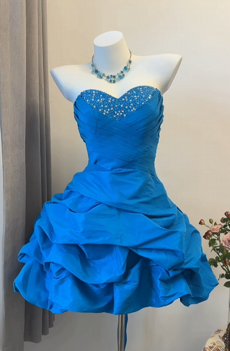 Sweetheart A Line Blue Retro Birthday Dress Beaded Homecoming Dress  J11719