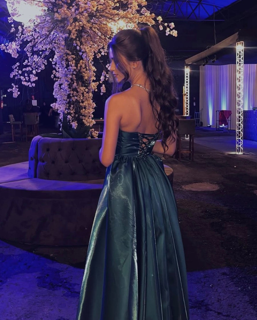Trägerloses silbernes Vintage-Abendkleid, A-Linie, Geburtstagskleid J9370