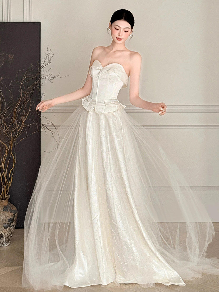 Robe de bal bustier violette en satin avec appliques, robe de soirée formelle J9413