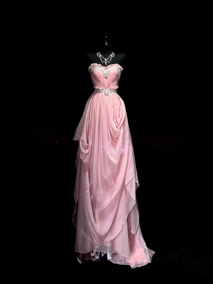 Sweetheart A Line Pink Prom Dress Beaded Formal Evening Gown  J10168