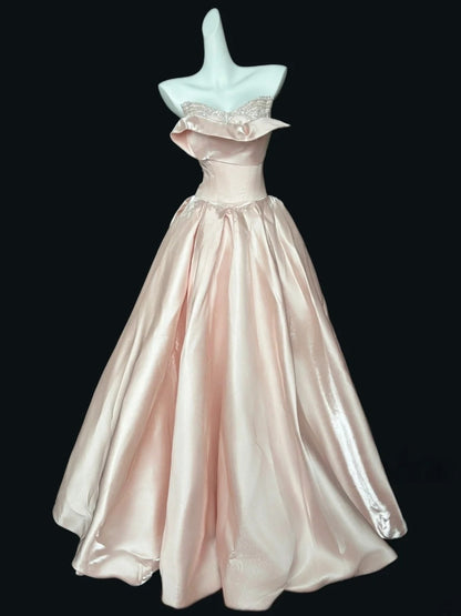 Trägerloses silbernes Vintage-Abendkleid, A-Linie, Geburtstagskleid J9370