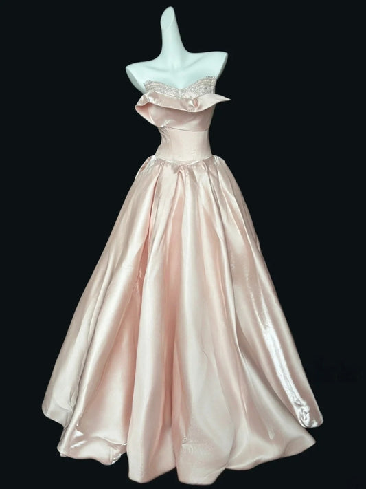 Trägerloses silbernes Vintage-Abendkleid, A-Linie, Geburtstagskleid J9370