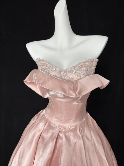 Trägerloses silbernes Vintage-Abendkleid, A-Linie, Geburtstagskleid J9370