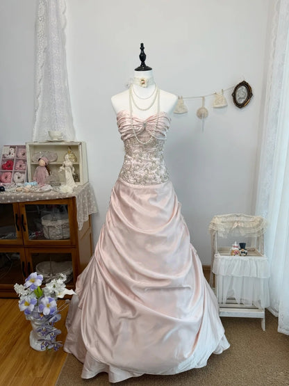Trägerloses silbernes Vintage-Abendkleid, A-Linie, Geburtstagskleid J9370