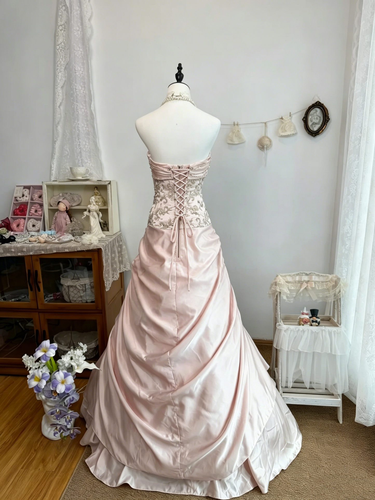 Trägerloses silbernes Vintage-Abendkleid, A-Linie, Geburtstagskleid J9370