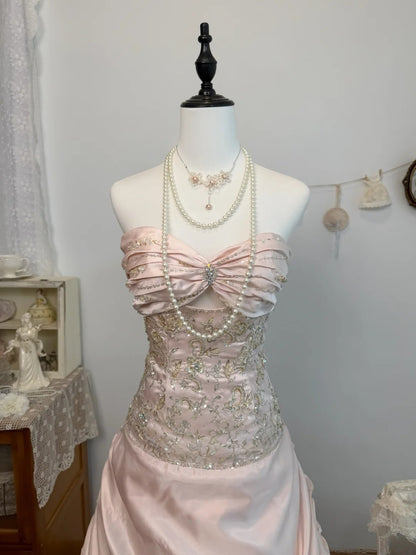 Trägerloses silbernes Vintage-Abendkleid, A-Linie, Geburtstagskleid J9370
