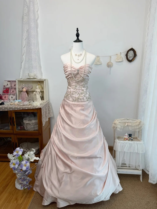 Trägerloses silbernes Vintage-Abendkleid, A-Linie, Geburtstagskleid J9370