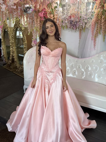 Robe de bal bustier violette en satin avec appliques, robe de soirée formelle J9413
