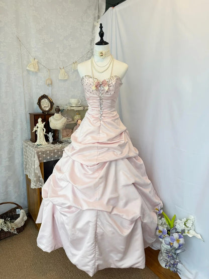 Sweetheart A Line Pink Satin Prom Dress Beaded Birthday Dress J10737