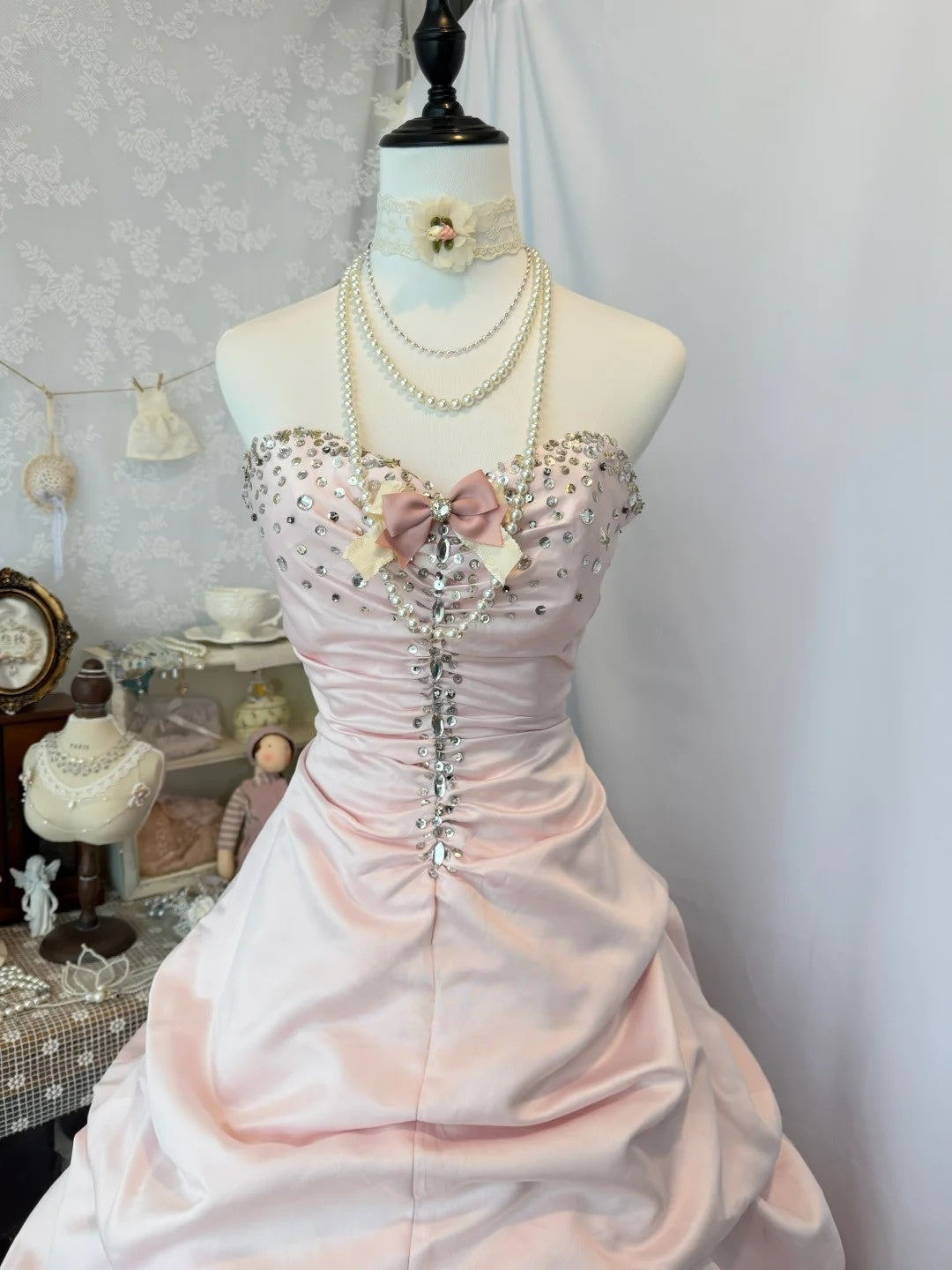 Sweetheart A Line Pink Satin Prom Dress Beaded Birthday Dress J10737