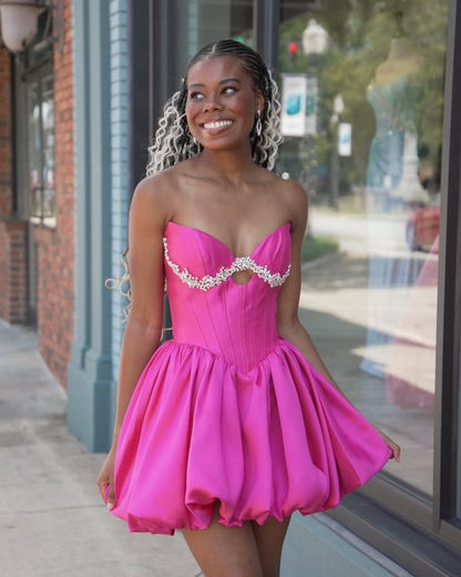 Sweetheart A Line Pink Satin Short Homecoming Dress  J11597