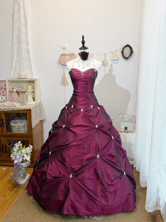 Robe de bal bustier violette en satin avec appliques, robe de soirée formelle J9413
