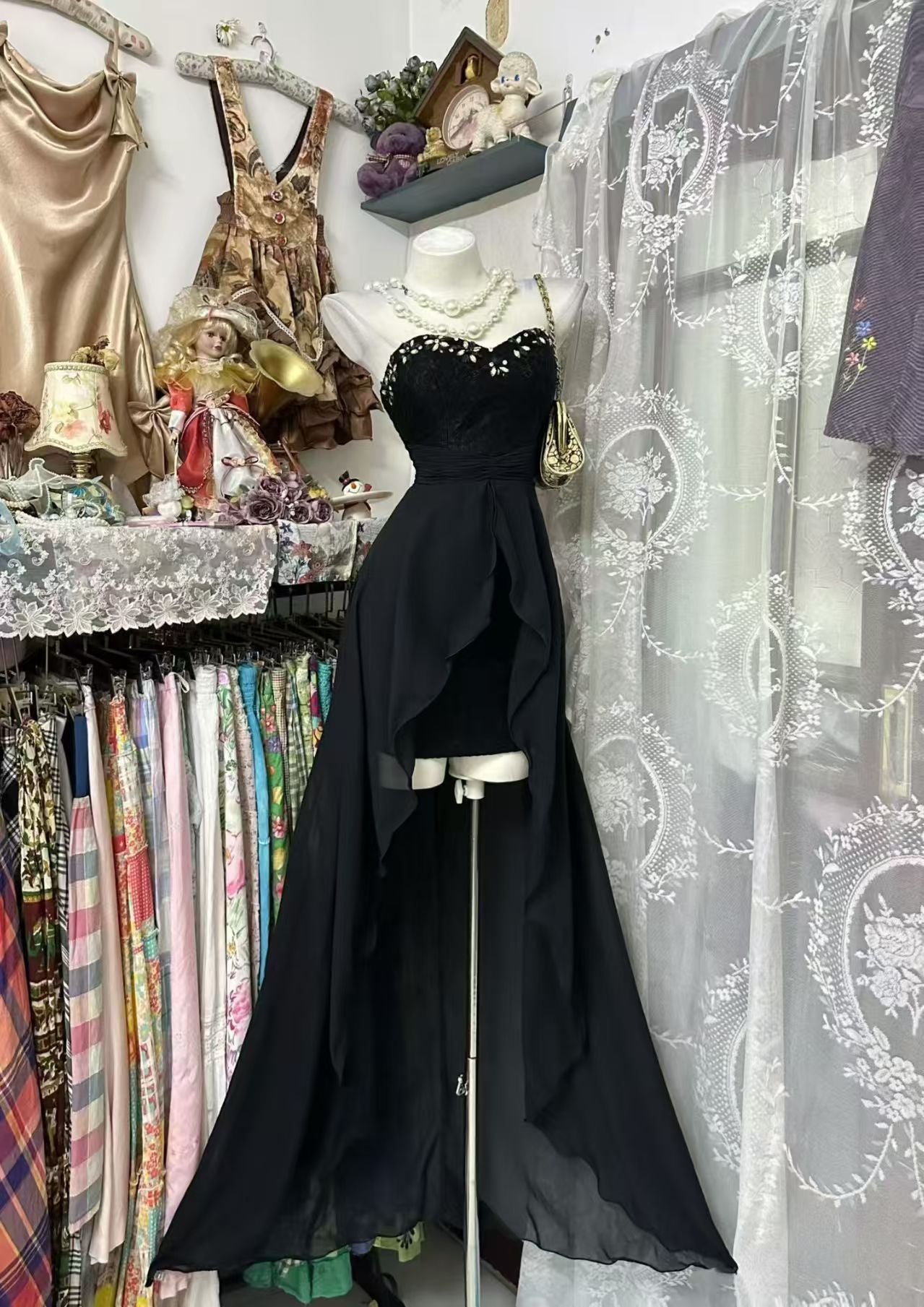 Trägerloses silbernes Vintage-Abendkleid, A-Linie, Geburtstagskleid J9370