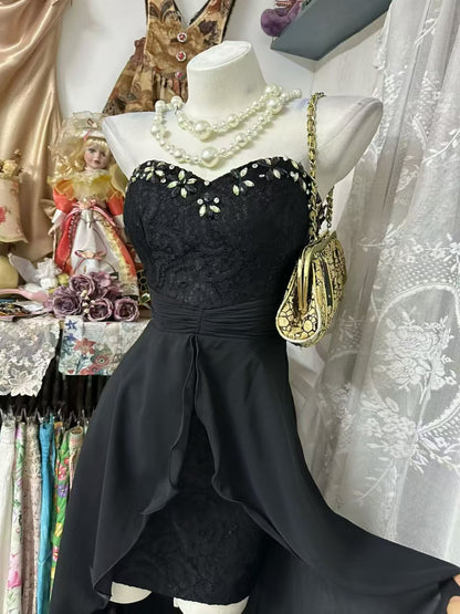 Trägerloses silbernes Vintage-Abendkleid, A-Linie, Geburtstagskleid J9370