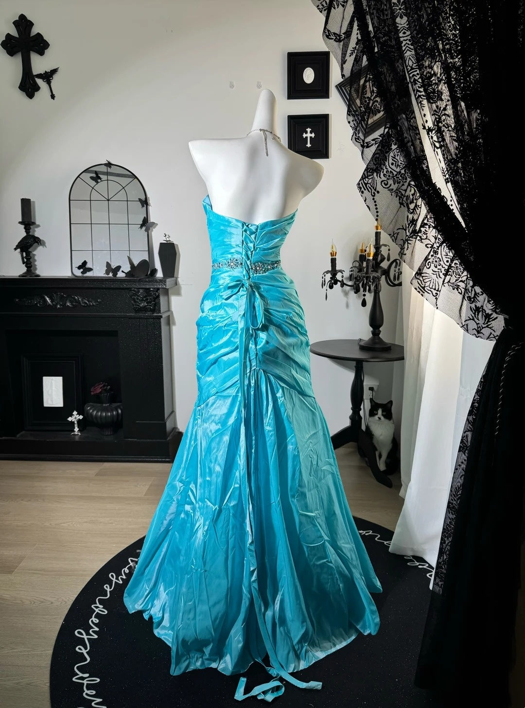 Trägerloses silbernes Vintage-Abendkleid, A-Linie, Geburtstagskleid J9370