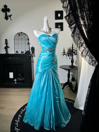 Trägerloses silbernes Vintage-Abendkleid, A-Linie, Geburtstagskleid J9370