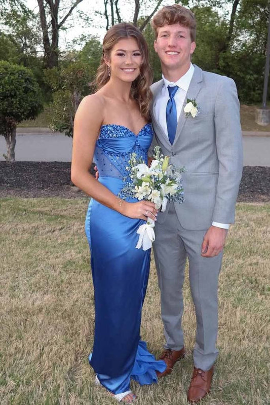 Sweetheart Blue Satin Prom Dress Sheath Evening Gown  J10953