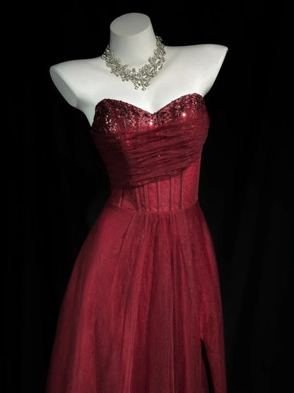 Trägerloses silbernes Vintage-Abendkleid, A-Linie, Geburtstagskleid J9370
