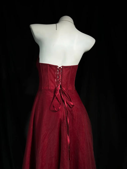 Trägerloses silbernes Vintage-Abendkleid, A-Linie, Geburtstagskleid J9370