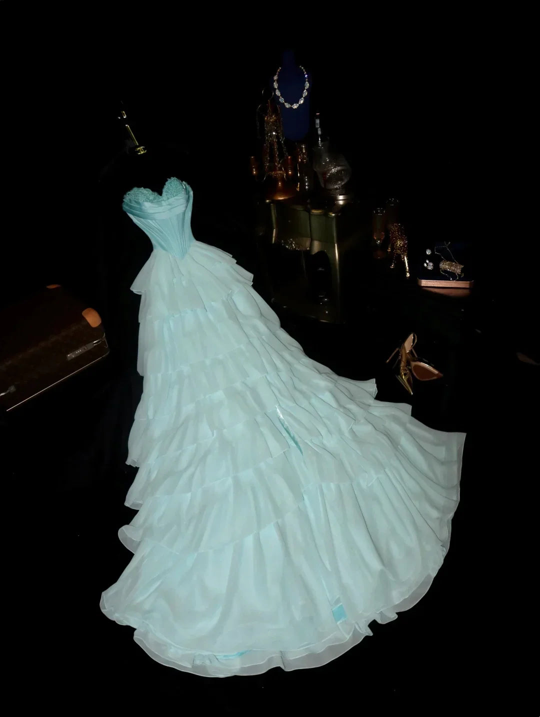 Trägerloses silbernes Vintage-Abendkleid, A-Linie, Geburtstagskleid J9370