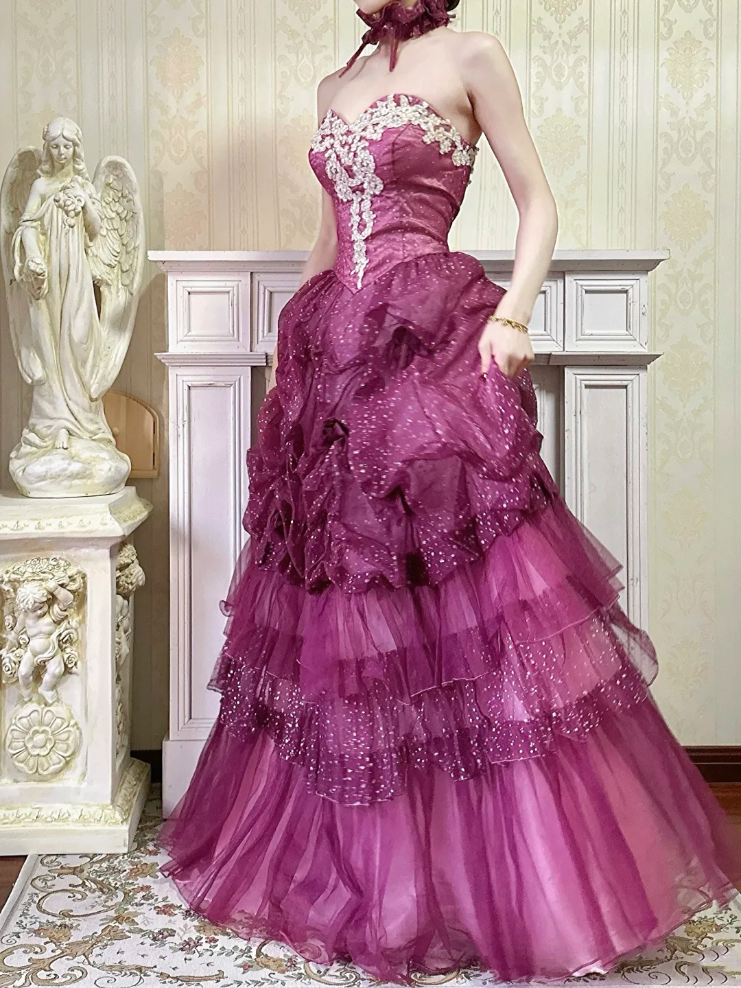 Robe de bal bustier violette en satin avec appliques, robe de soirée formelle J9413