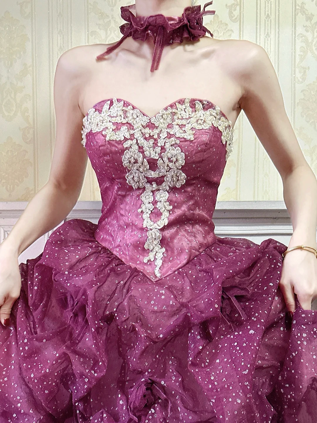 Robe de bal bustier violette en satin avec appliques, robe de soirée formelle J9413