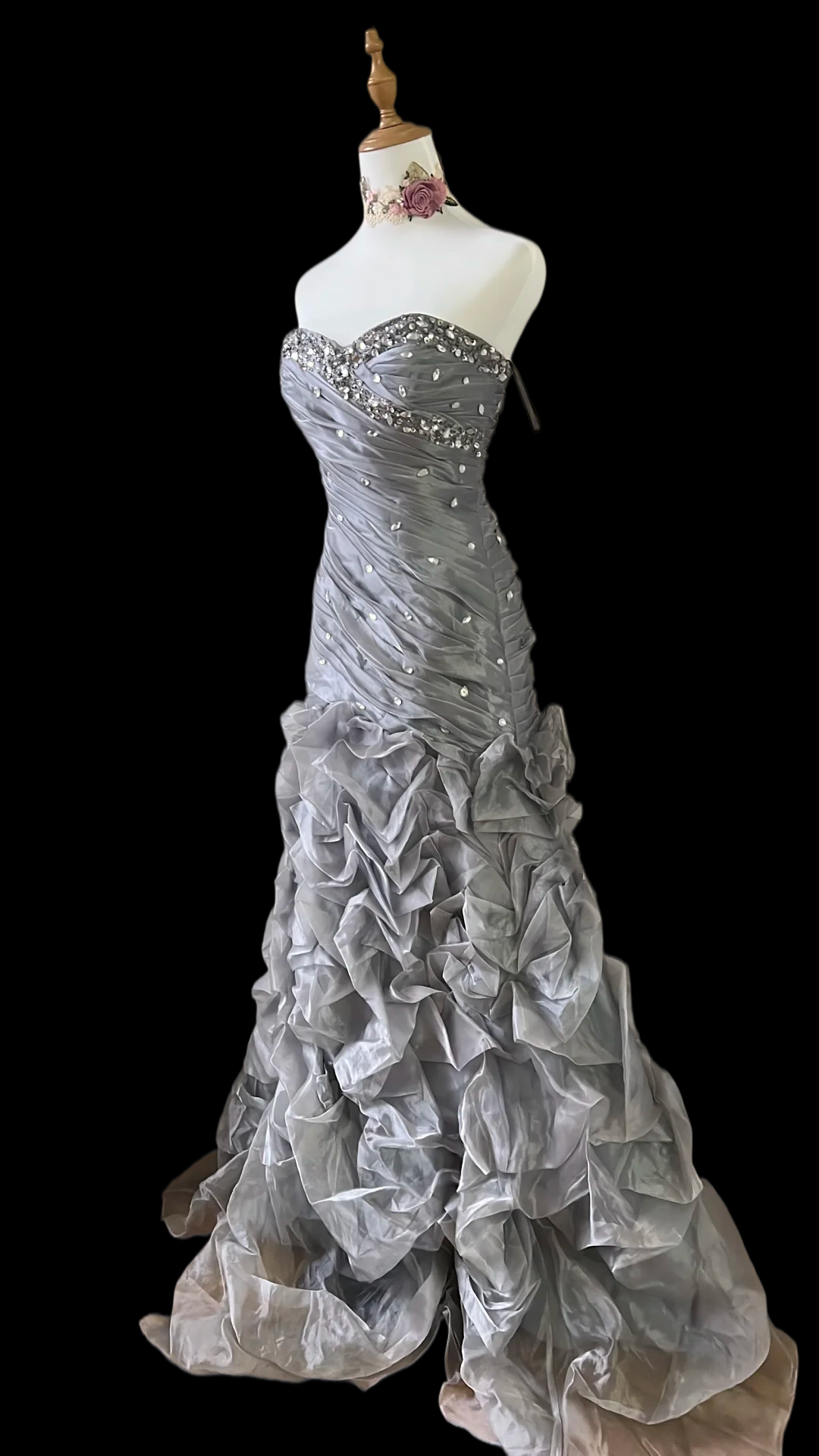 Sweetheart Gray Mermaid Prom Dress Organza Beaded Vintage Formal Dress  J9830