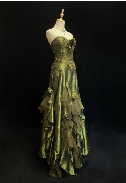 Sweetheart Green Ruffled Prom Dress Vintage Formal Evening Gown  J9726