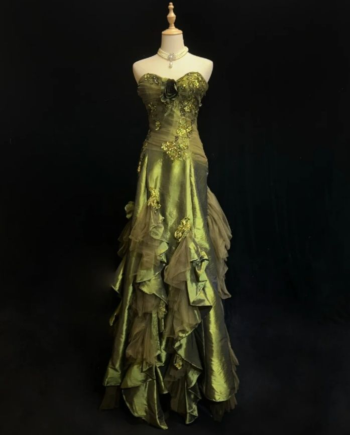 Sweetheart Green Ruffled Prom Dress Vintage Formal Evening Gown  J9726