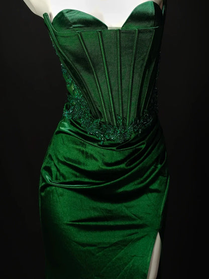 Sweetheart Green Satin Mermaid Formal Prom Dress With Slit  J11821