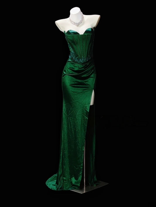 Sweetheart Green Satin Mermaid Formal Prom Dress With Slit  J11821