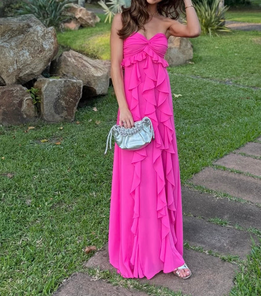 Sweetheart Hot Pink Chiffon Ruffled Wedding Guest Dress A Line Prom Dress  J9918