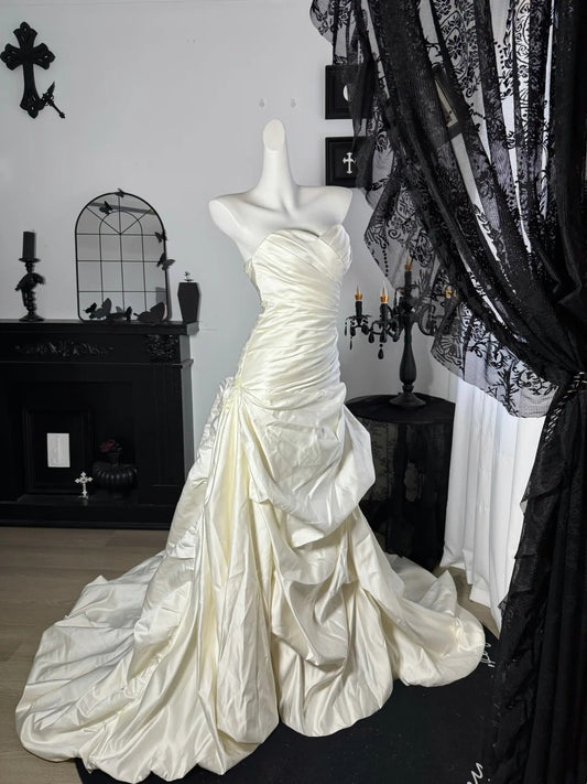 Sweetheart Ivory Satin Wedding Dress Retro Birthday Dress  J10841