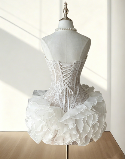 Sweetheart Lace Short Birthday Dress Ruffled White Mini Dress  J10255