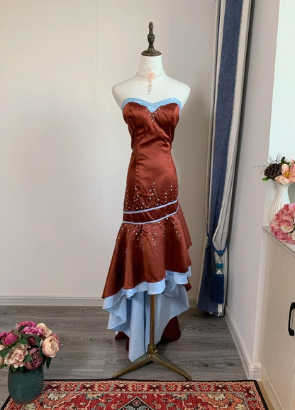 Trägerloses silbernes Vintage-Abendkleid, A-Linie, Geburtstagskleid J9370