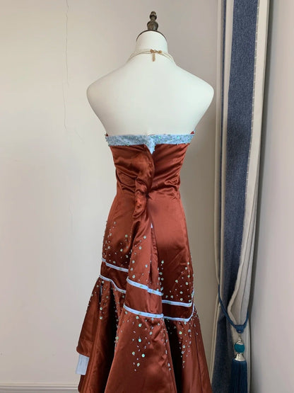Trägerloses silbernes Vintage-Abendkleid, A-Linie, Geburtstagskleid J9370