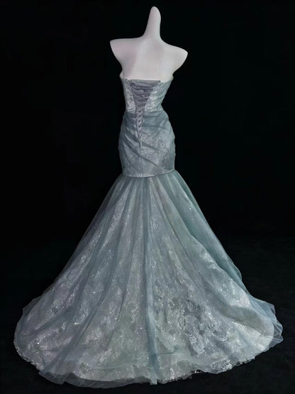 Trägerloses silbernes Vintage-Abendkleid, A-Linie, Geburtstagskleid J9370