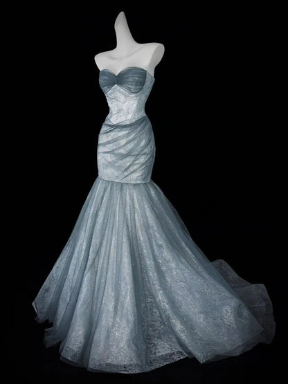 Trägerloses silbernes Vintage-Abendkleid, A-Linie, Geburtstagskleid J9370