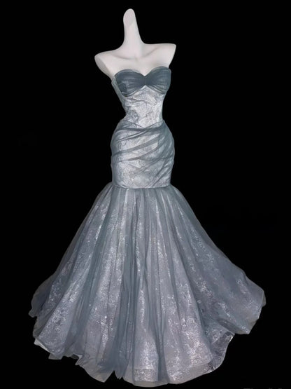 Trägerloses silbernes Vintage-Abendkleid, A-Linie, Geburtstagskleid J9370