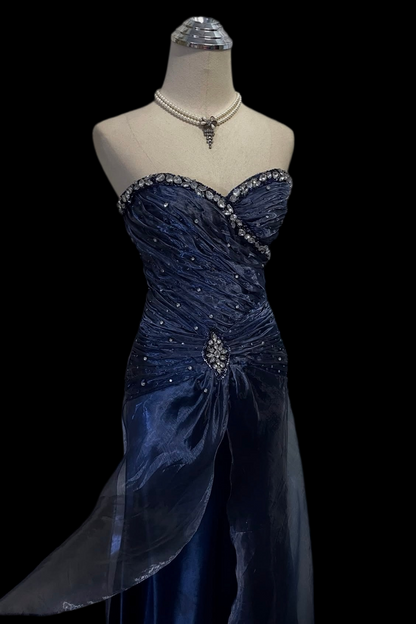 Trägerloses silbernes Vintage-Abendkleid, A-Linie, Geburtstagskleid J9370