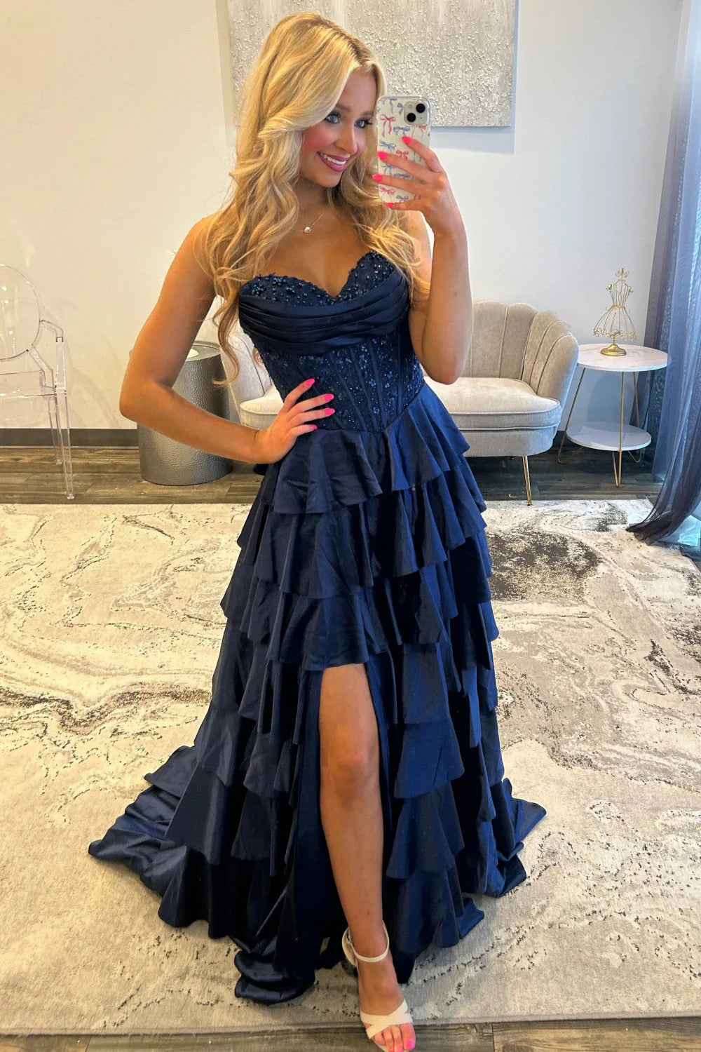 Robe de bal bustier violette en satin avec appliques, robe de soirée formelle J9413