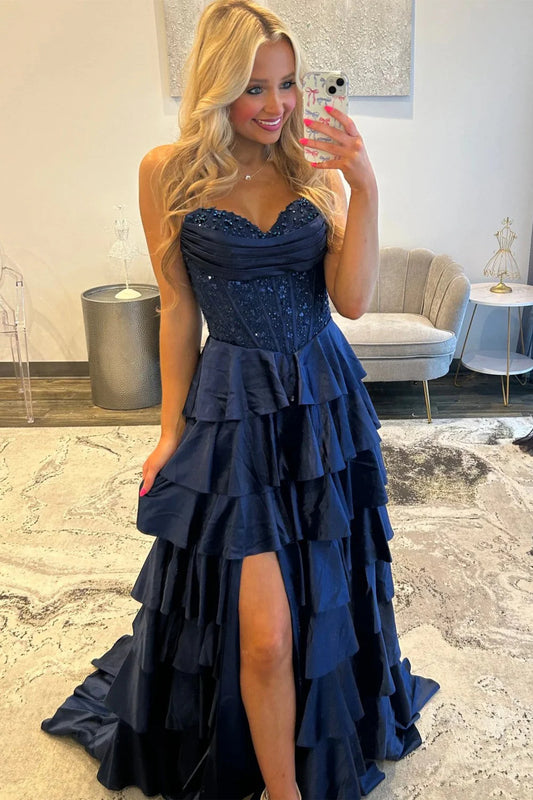 Robe de bal bustier violette en satin avec appliques, robe de soirée formelle J9413