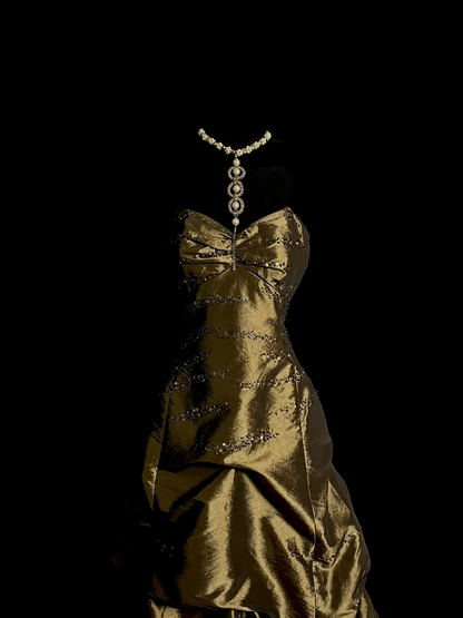 Trägerloses silbernes Vintage-Abendkleid, A-Linie, Geburtstagskleid J9370