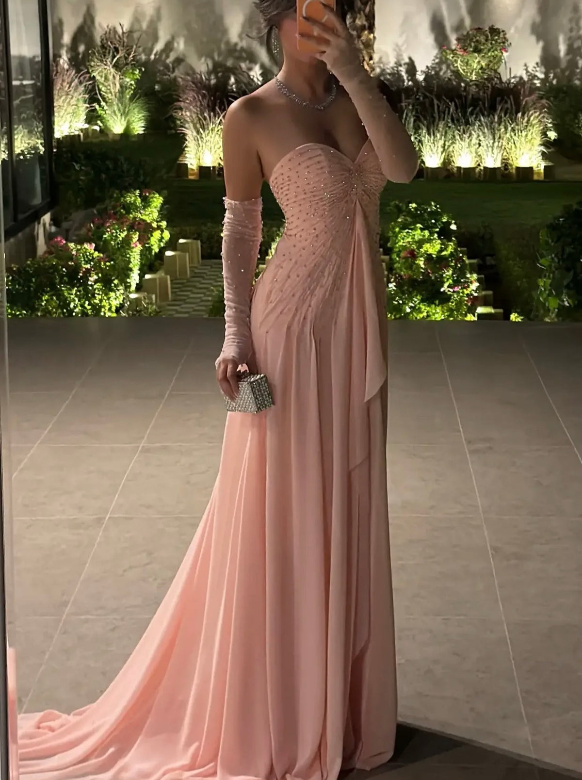 Sweetheart Pink Chiffon Formal Prom Dress Beaded Wedding Gown J11954