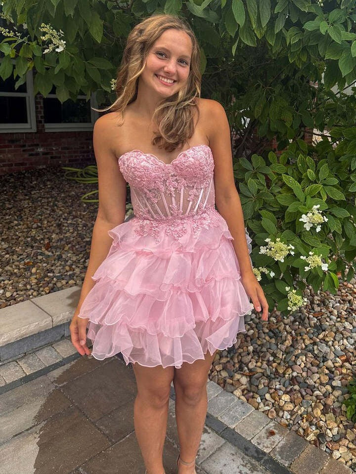 Sweetheart Pink Layered Homecoming Dress Ruffled Party Dress  J11630