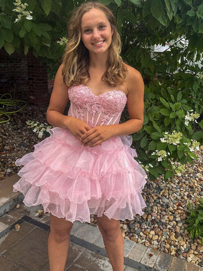 Sweetheart Pink Layered Homecoming Dress Ruffled Party Dress  J11630
