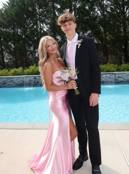 Sweetheart Pink Mermaid Satin Prom Dress With Slit  J10426