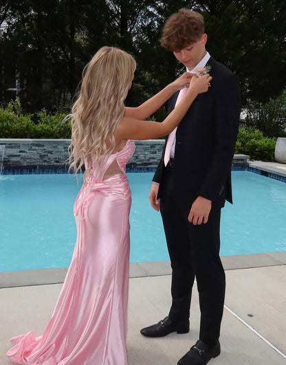 Sweetheart Pink Mermaid Satin Prom Dress With Slit  J10426