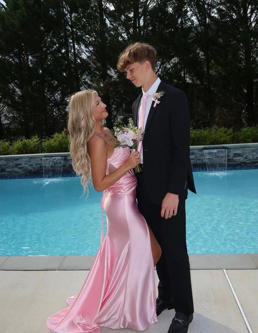 Sweetheart Pink Mermaid Satin Prom Dress With Slit  J10426